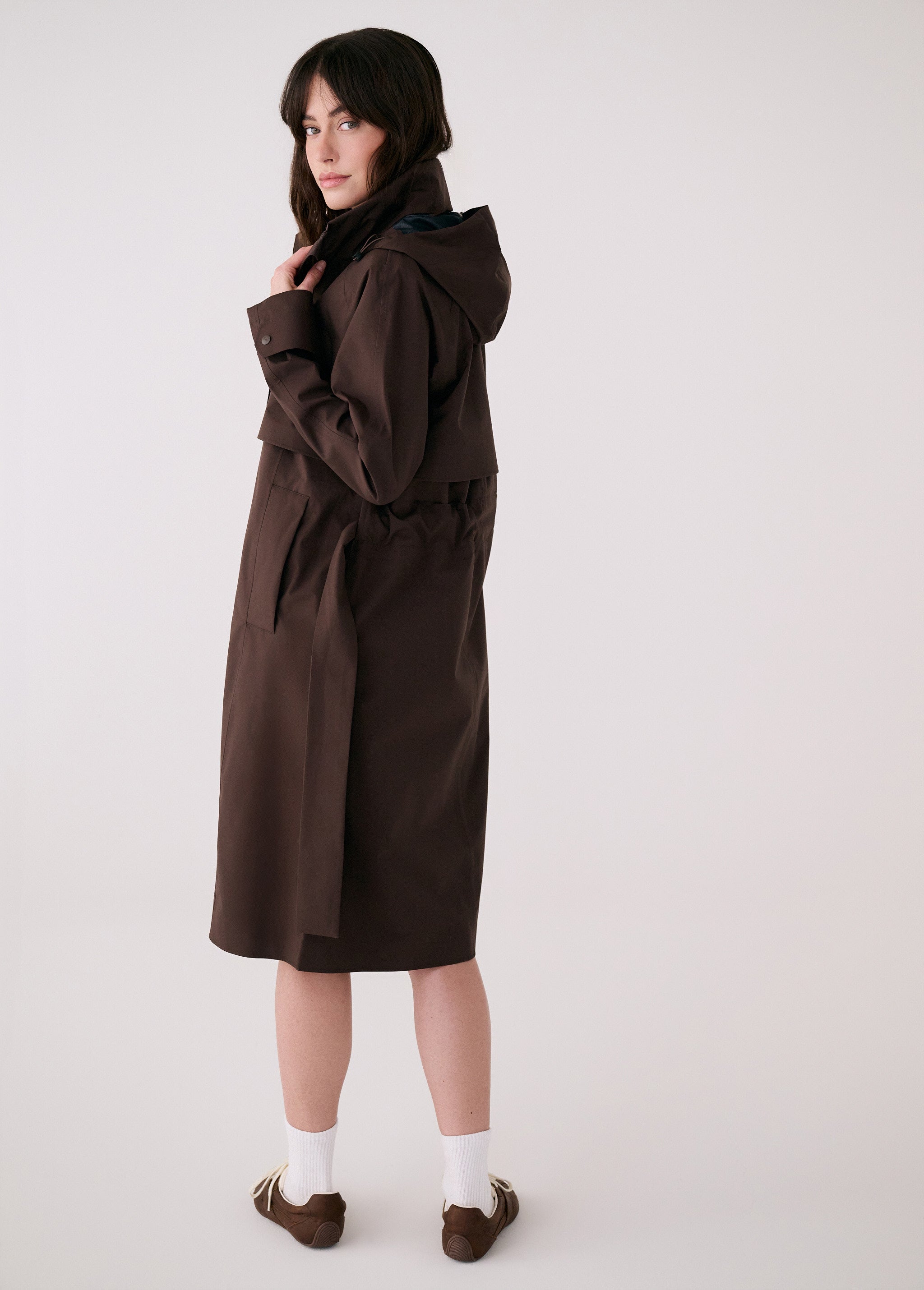 Lolë Alizé Trench Coat in Java dark brown — fit note: Cut with a relaxed fit for comfortable layering