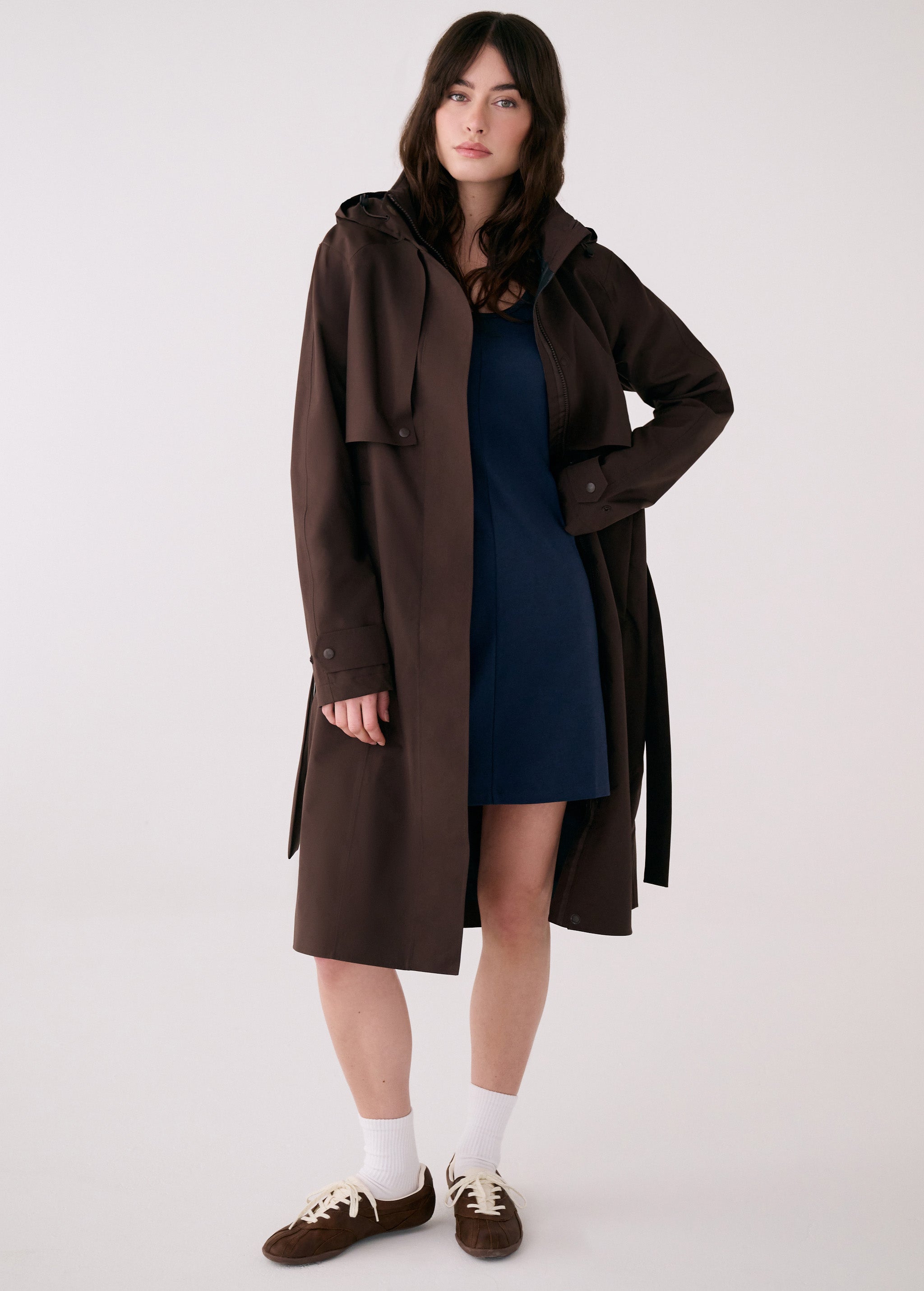 Lolë Alizé Trench Coat in Java dark brown — fit note: Cut with a relaxed fit for comfortable layering