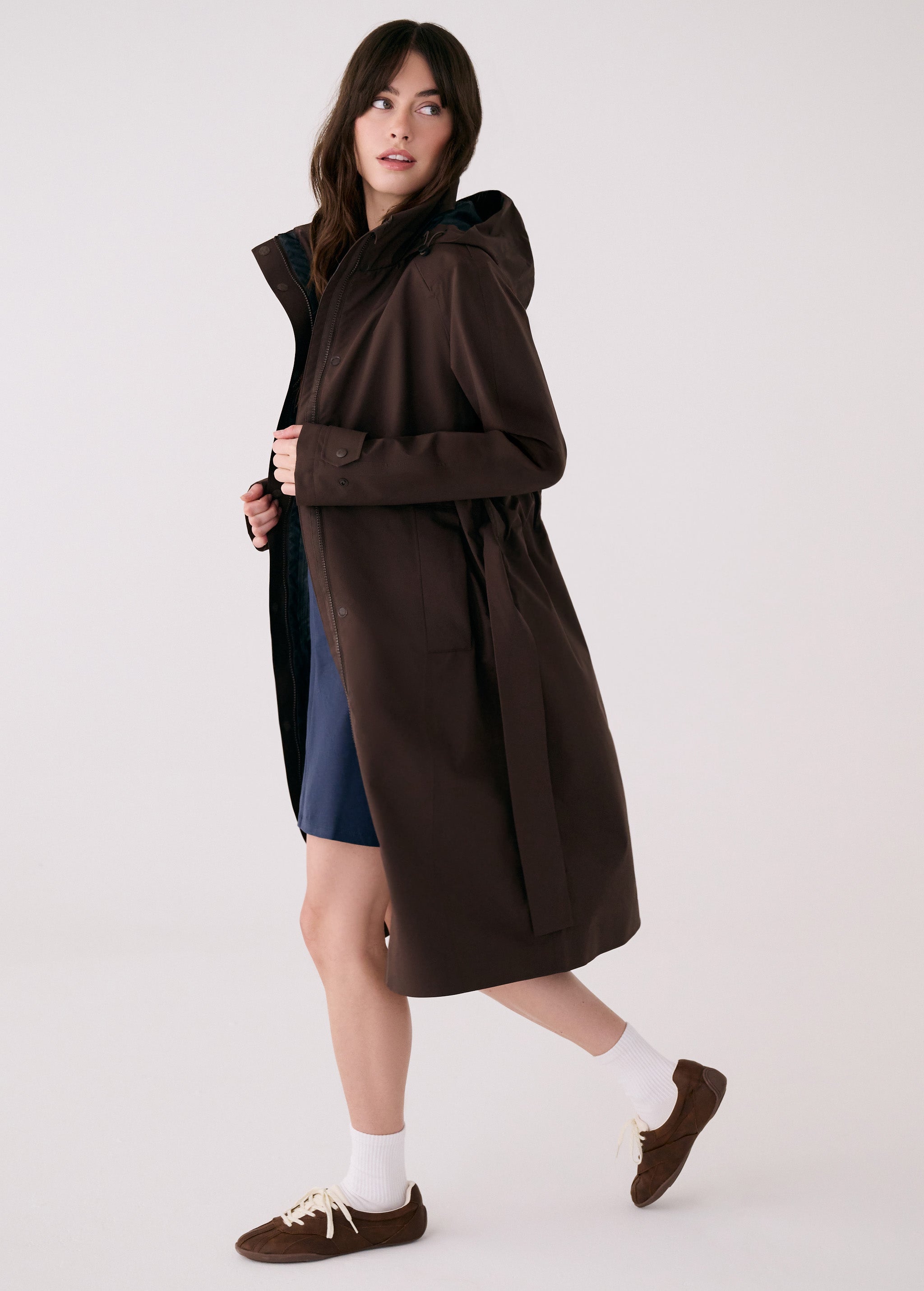 Lolë Alizé Trench Coat in Java dark brown — fit note: Cut with a relaxed fit for comfortable layering