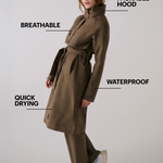 Lolë Alizé Trench Coat in Mocha olive brown — fit note: Cut with a relaxed fit for comfortable layering