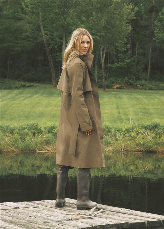 Lolë Alizé Trench Coat in Mocha olive brown — fit note: Cut with a relaxed fit for comfortable layering