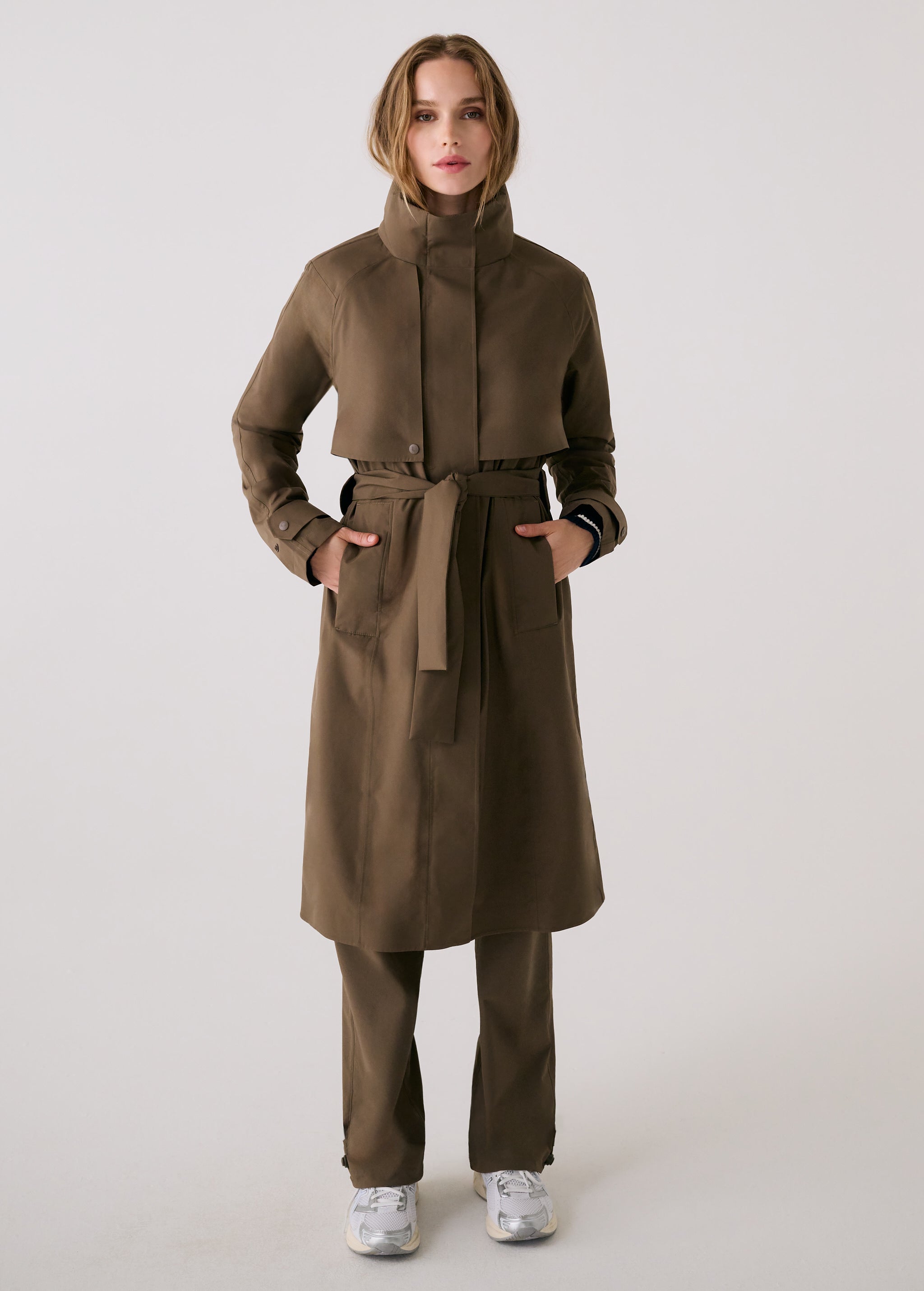Lolë Alizé Trench Coat in Mocha olive brown — fit note: Cut with a relaxed fit for comfortable layering