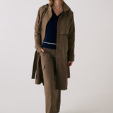 Lolë Alizé Trench Coat in Mocha olive brown — fit note: Cut with a relaxed fit for comfortable layering
