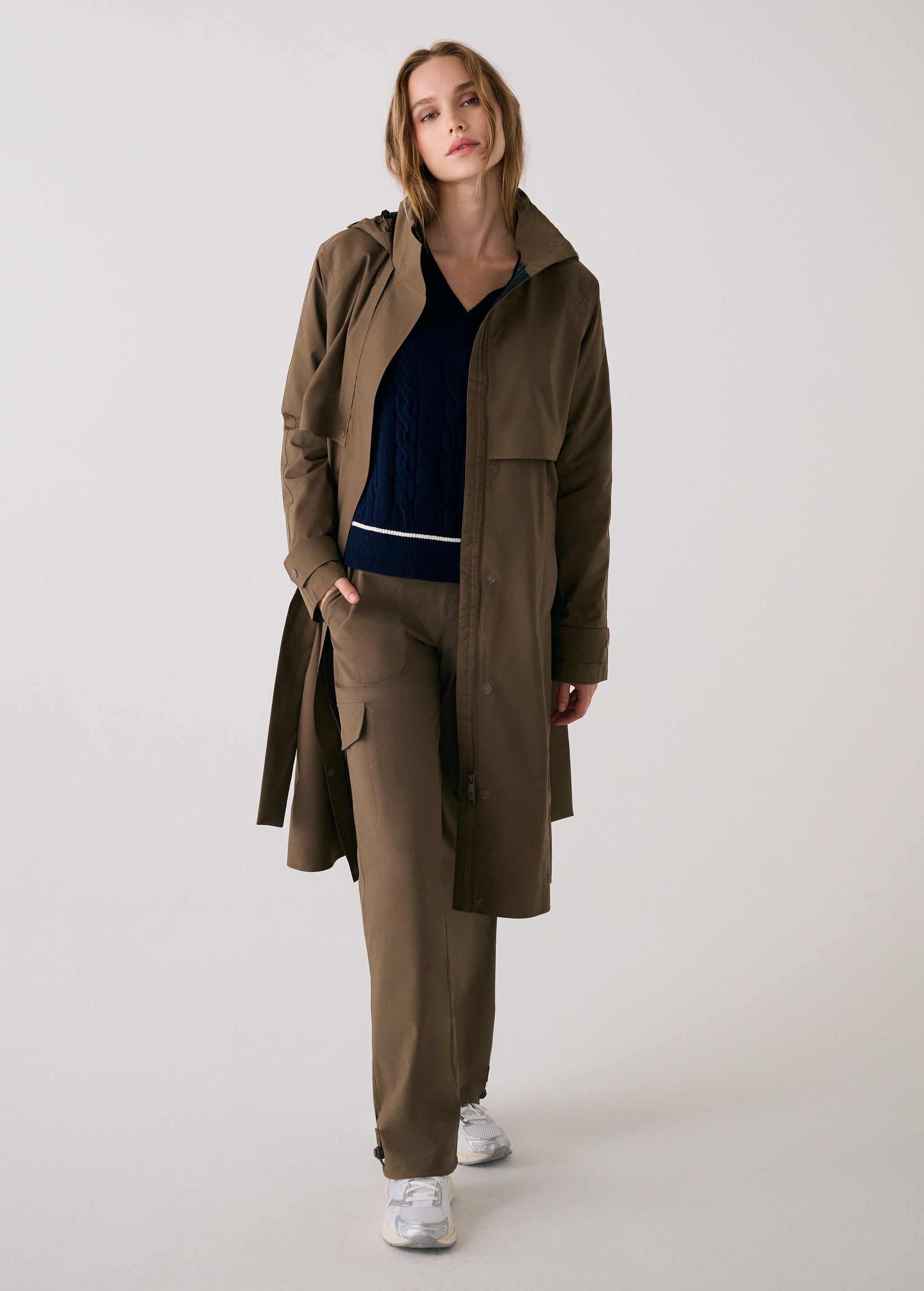 Lolë Alizé Trench Coat in Mocha olive brown — fit note: Cut with a relaxed fit for comfortable layering