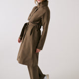 Lolë Alizé Trench Coat in Mocha olive brown — fit note: Cut with a relaxed fit for comfortable layering