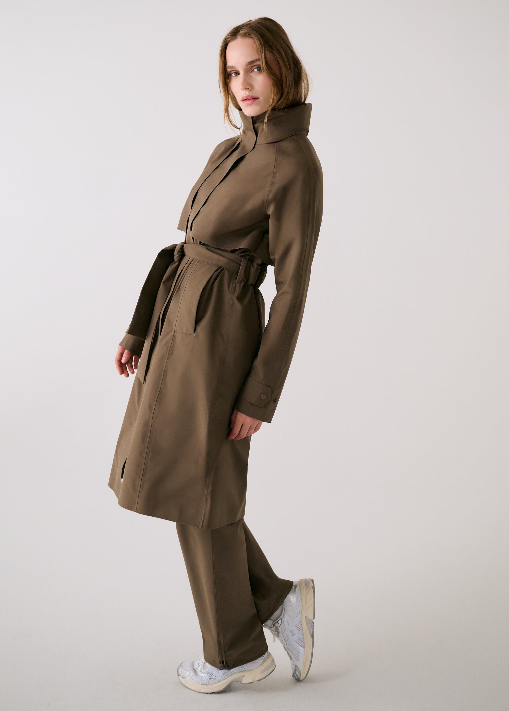 Lolë Alizé Trench Coat in Mocha olive brown — fit note: Cut with a relaxed fit for comfortable layering