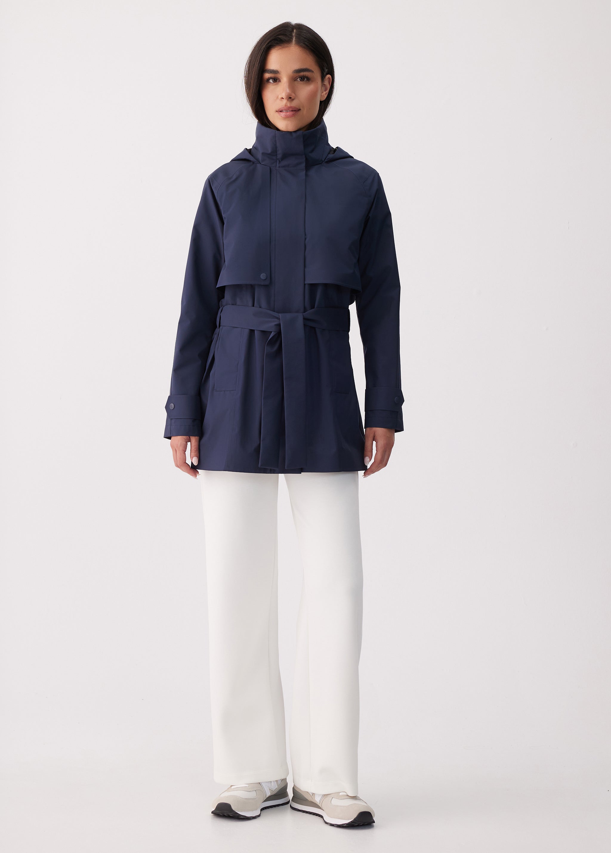 Lolë Alizé Short Trench Coat in Outerspace navy — fit note: Cut with a relaxed fit for comfortable layering