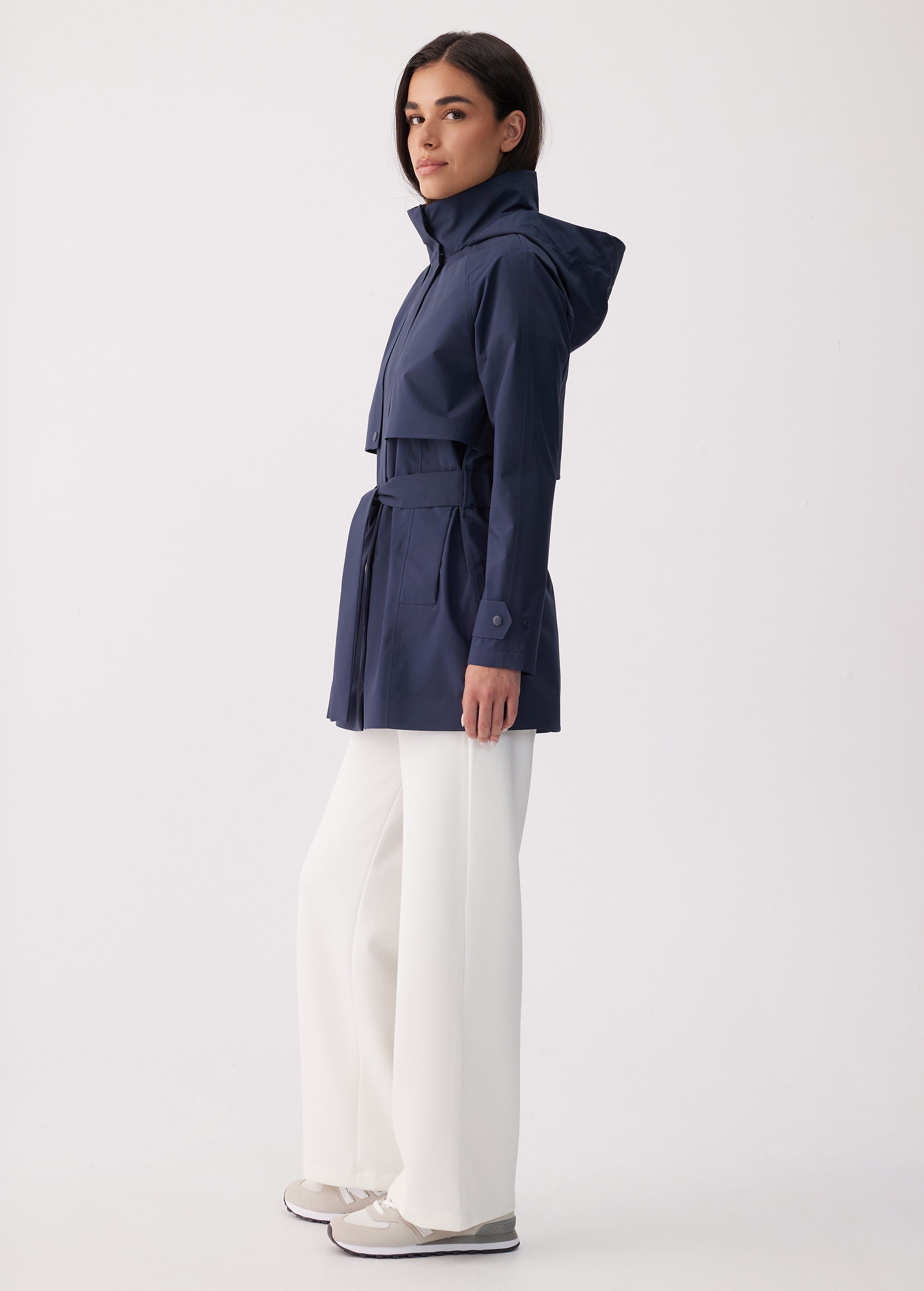 Lolë Alizé Short Trench Coat in Outerspace navy — fit note: Cut with a relaxed fit for comfortable layering