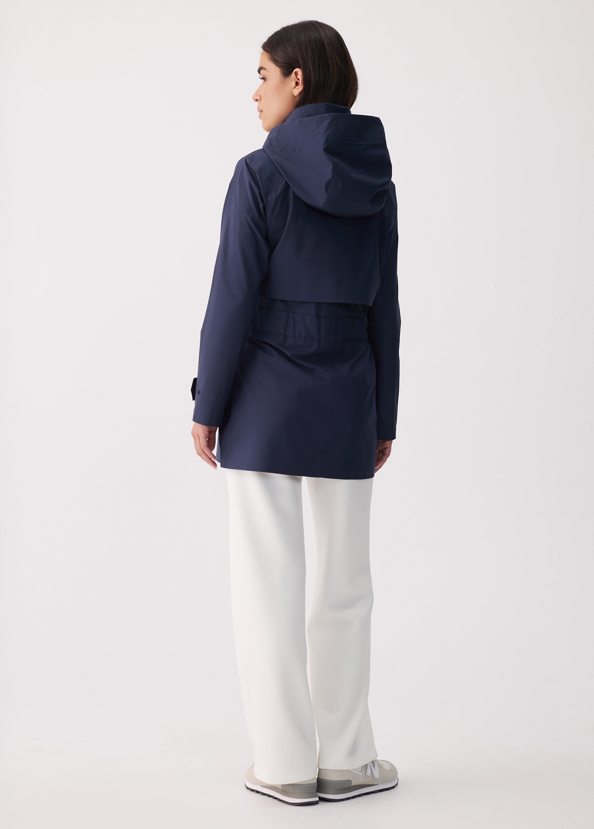 Lolë Alizé Short Trench Coat in Outerspace navy — fit note: Cut with a relaxed fit for comfortable layering