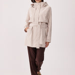 Lolë Alizé Short Trench Coat in Abalone pale greige — fit note: Cut with a relaxed fit for comfortable layering