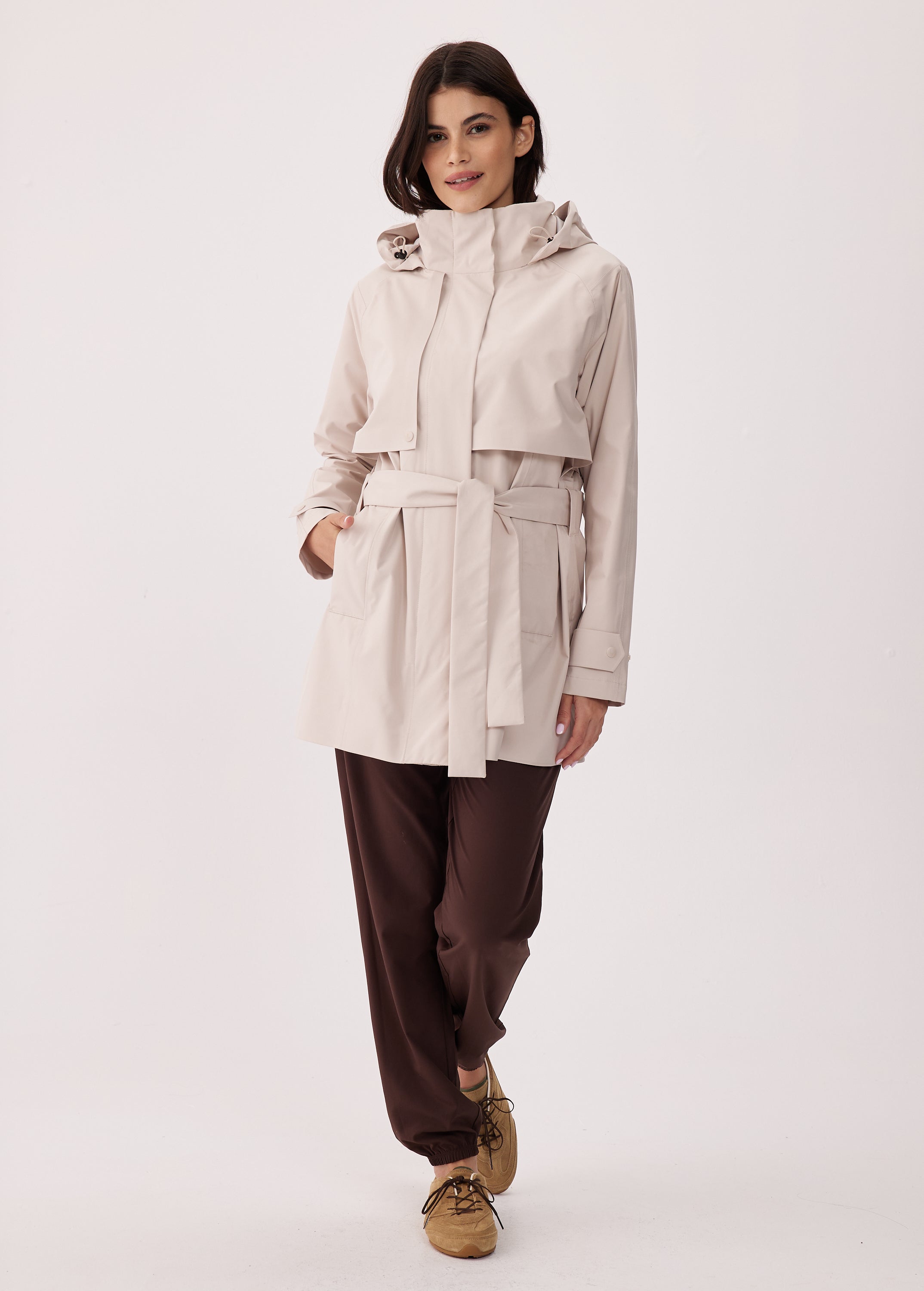 Lolë Alizé Short Trench Coat in Abalone pale greige — fit note: Cut with a relaxed fit for comfortable layering