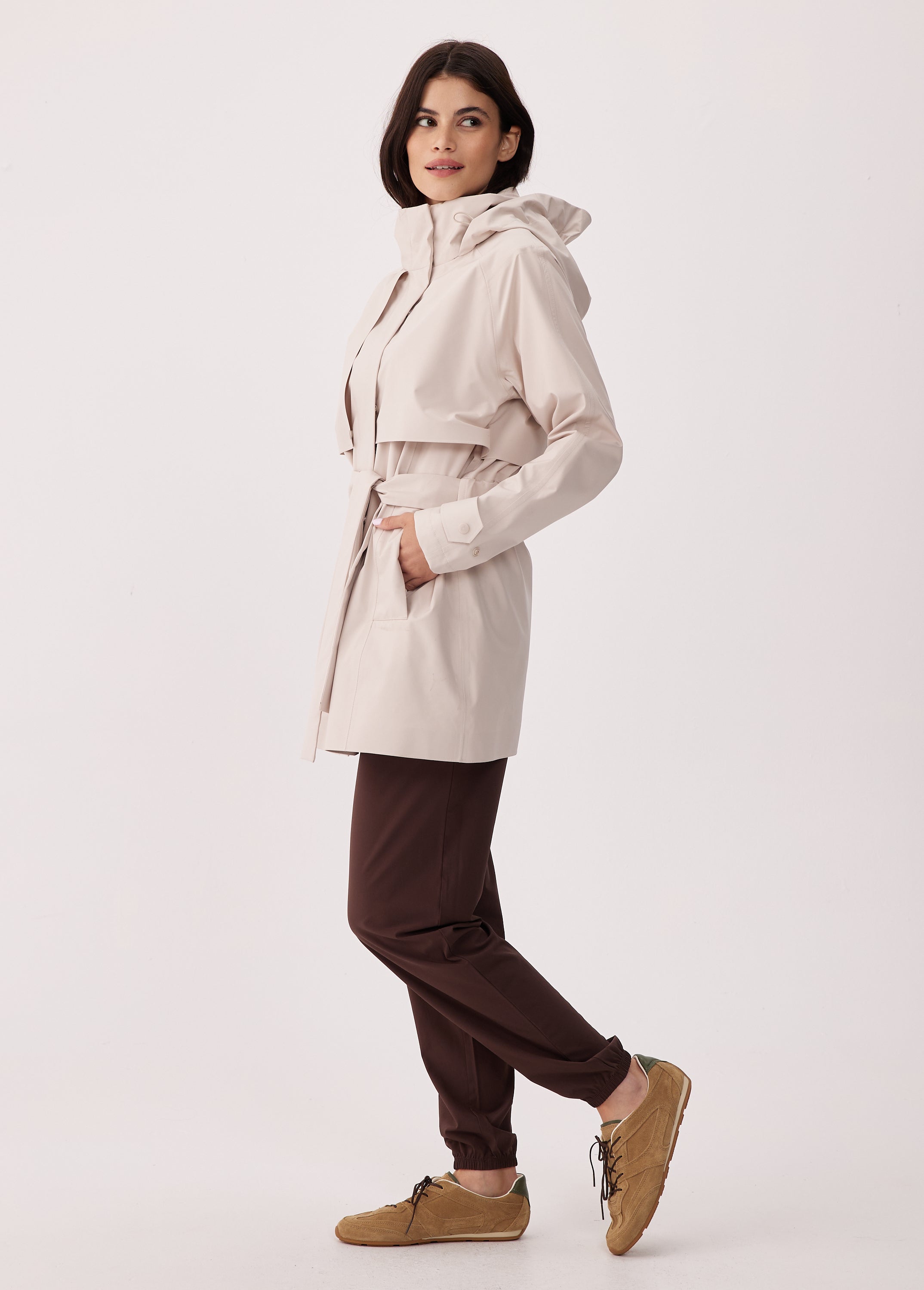 Lolë Alizé Short Trench Coat in Abalone pale greige — fit note: Cut with a relaxed fit for comfortable layering