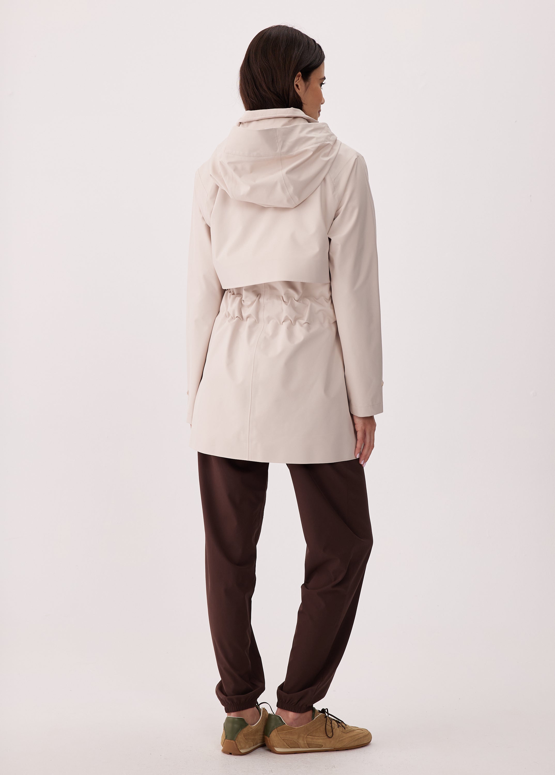 Lolë Alizé Short Trench Coat in Abalone pale greige — fit note: Cut with a relaxed fit for comfortable layering