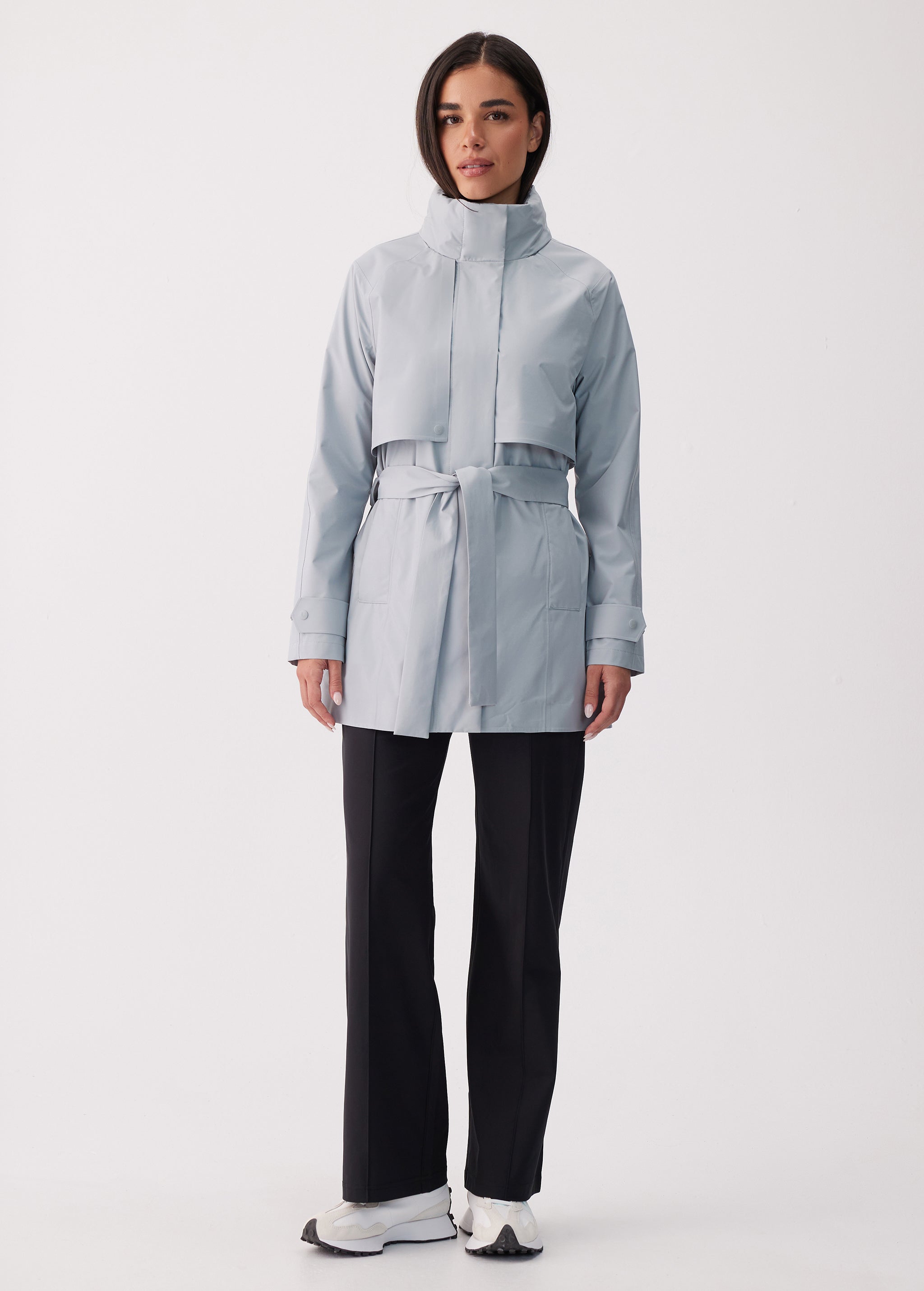 Lolë Alizé Short Trench Coat in Steel light grey — fit note: Cut with a relaxed fit for comfortable layering