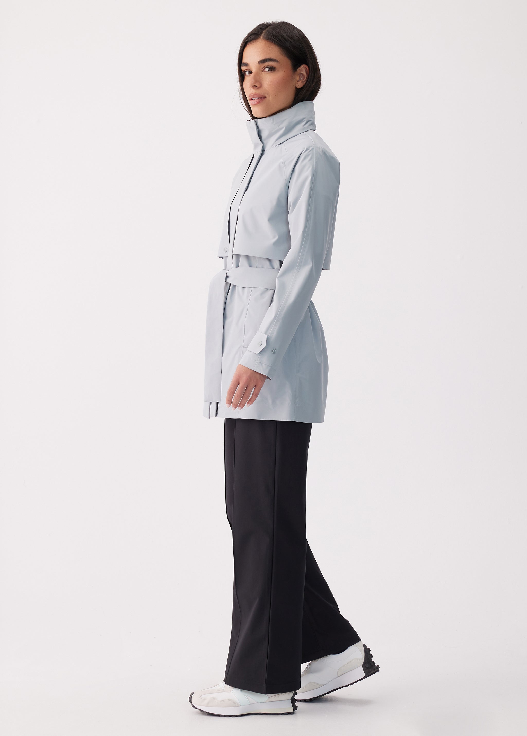 Lolë Alizé Short Trench Coat in Steel light grey — fit note: Cut with a relaxed fit for comfortable layering