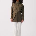 Lolë Alizé Short Trench Coat in Moss olive green — fit note: Cut with a relaxed fit for comfortable layering
