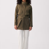 Lolë Alizé Short Trench Coat in Moss olive green — fit note: Cut with a relaxed fit for comfortable layering