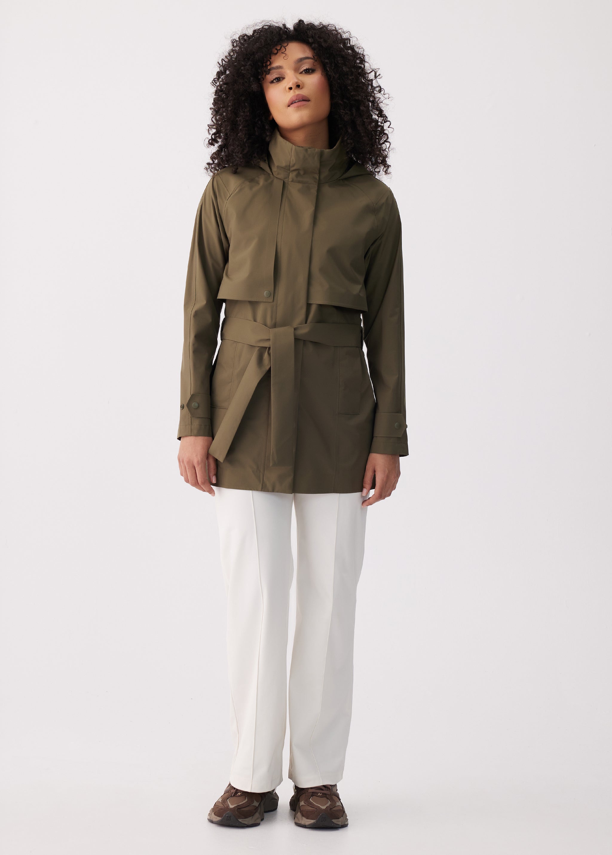 Lolë Alizé Short Trench Coat in Moss olive green — fit note: Cut with a relaxed fit for comfortable layering