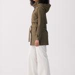 Lolë Alizé Short Trench Coat in Moss olive green — fit note: Cut with a relaxed fit for comfortable layering