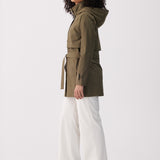 Lolë Alizé Short Trench Coat in Moss olive green — fit note: Cut with a relaxed fit for comfortable layering