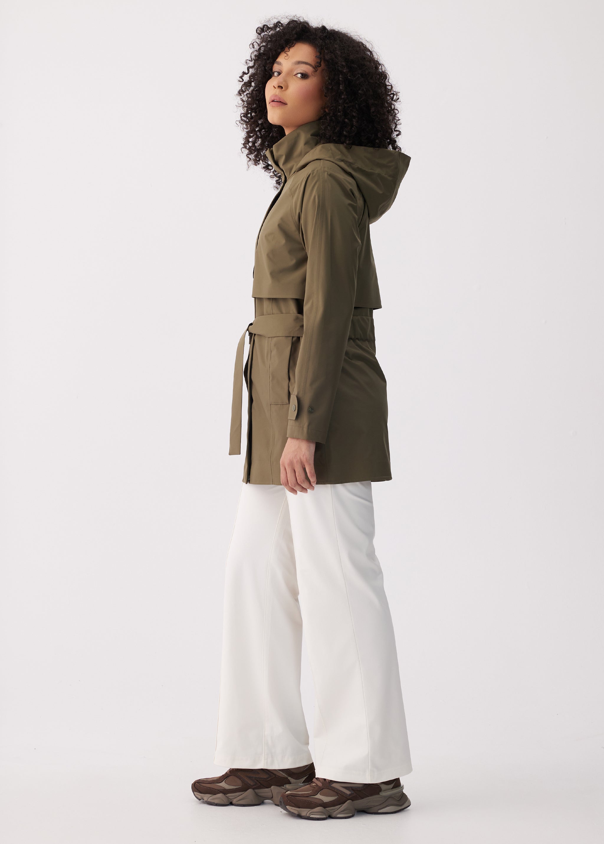 Lolë Alizé Short Trench Coat in Moss olive green — fit note: Cut with a relaxed fit for comfortable layering