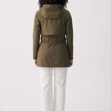 Lolë Alizé Short Trench Coat in Moss olive green — fit note: Cut with a relaxed fit for comfortable layering