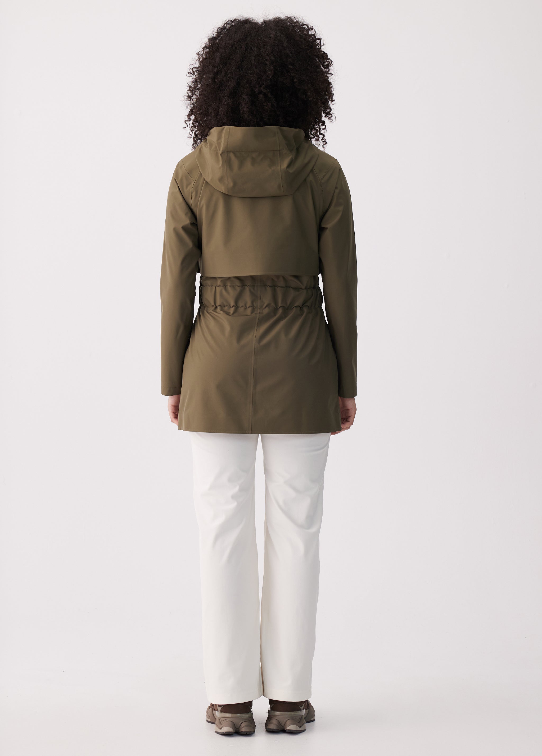 Lolë Alizé Short Trench Coat in Moss olive green — fit note: Cut with a relaxed fit for comfortable layering
