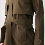 Lolë Alizé Short Trench Coat in Moss olive green — fit note: Cut with a relaxed fit for comfortable layering