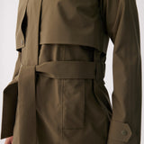 Lolë Alizé Short Trench Coat in Moss olive green — fit note: Cut with a relaxed fit for comfortable layering