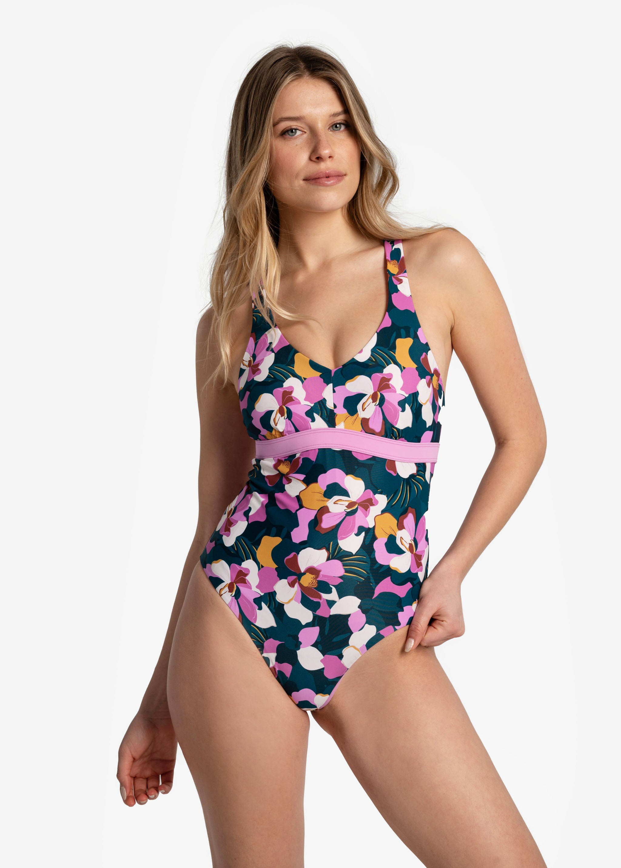 Lolë Playa One-Piece Swimsuit in navy floral print