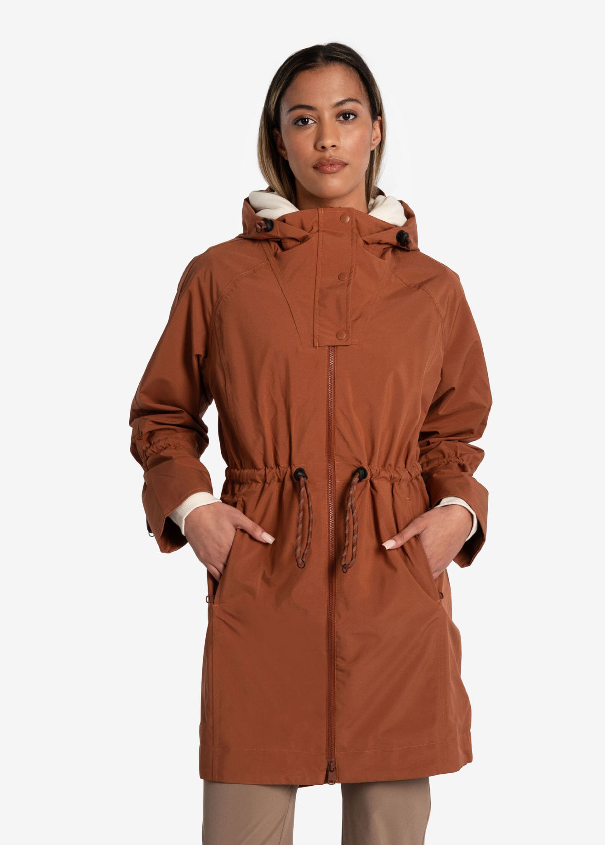 Lolë Piper Oversized Rain Jacket in rust — for a more streamlined fit, consider sizing down