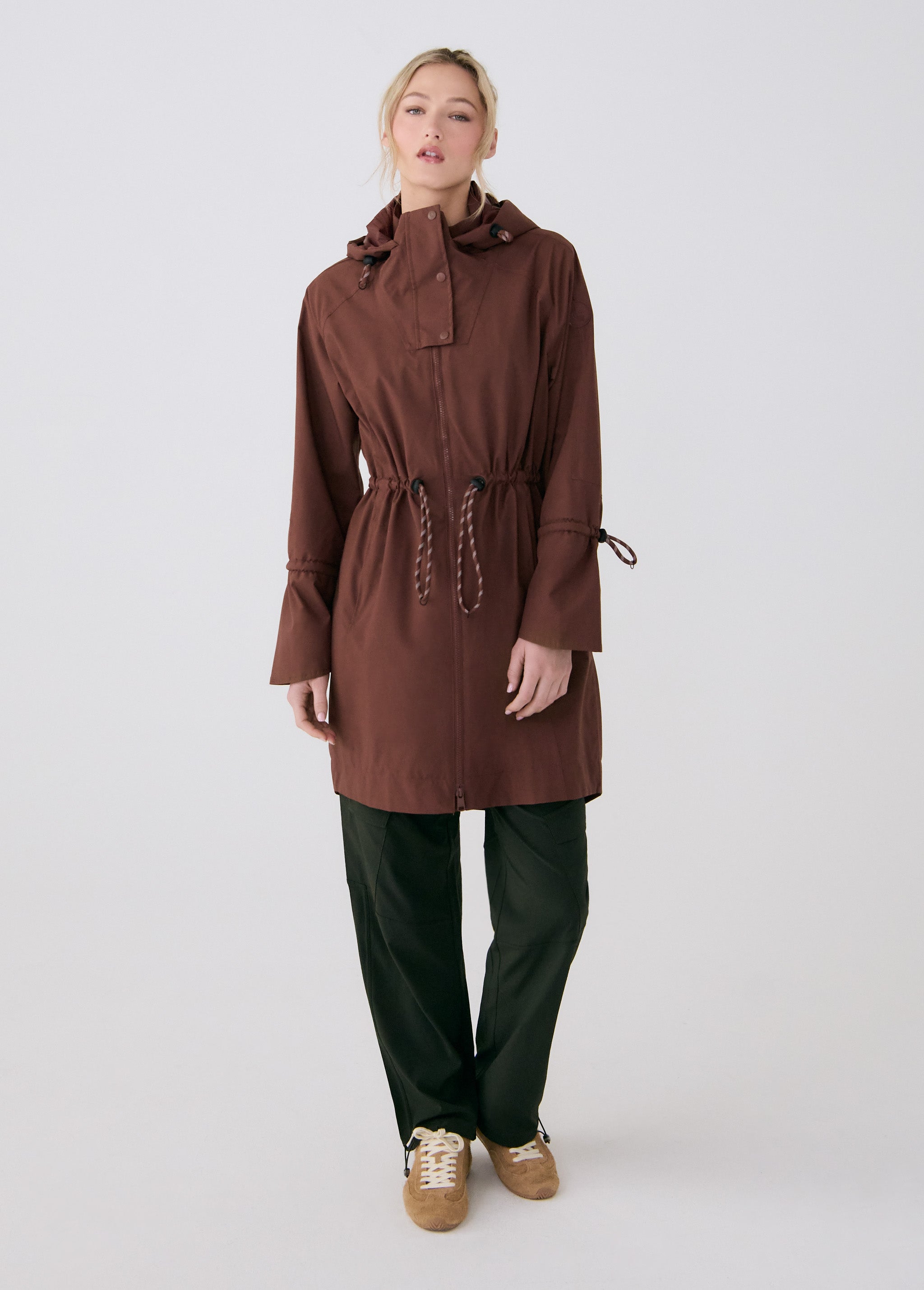 Lolë Piper Oversized Rain Jacket in Sienna brown — for a more streamlined fit, consider sizing down