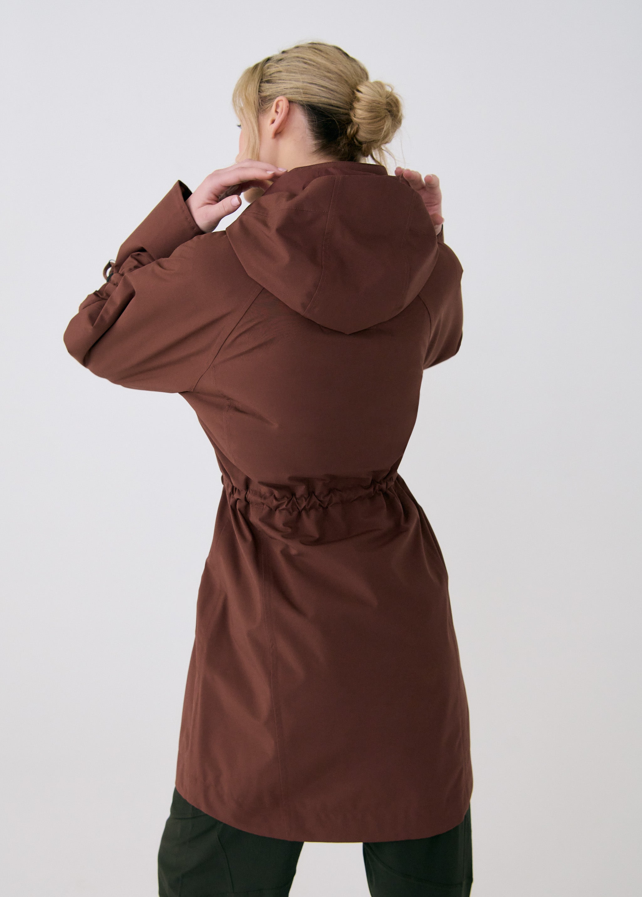 Lolë Piper Oversized Rain Jacket in Sienna brown — for a more streamlined fit, consider sizing down