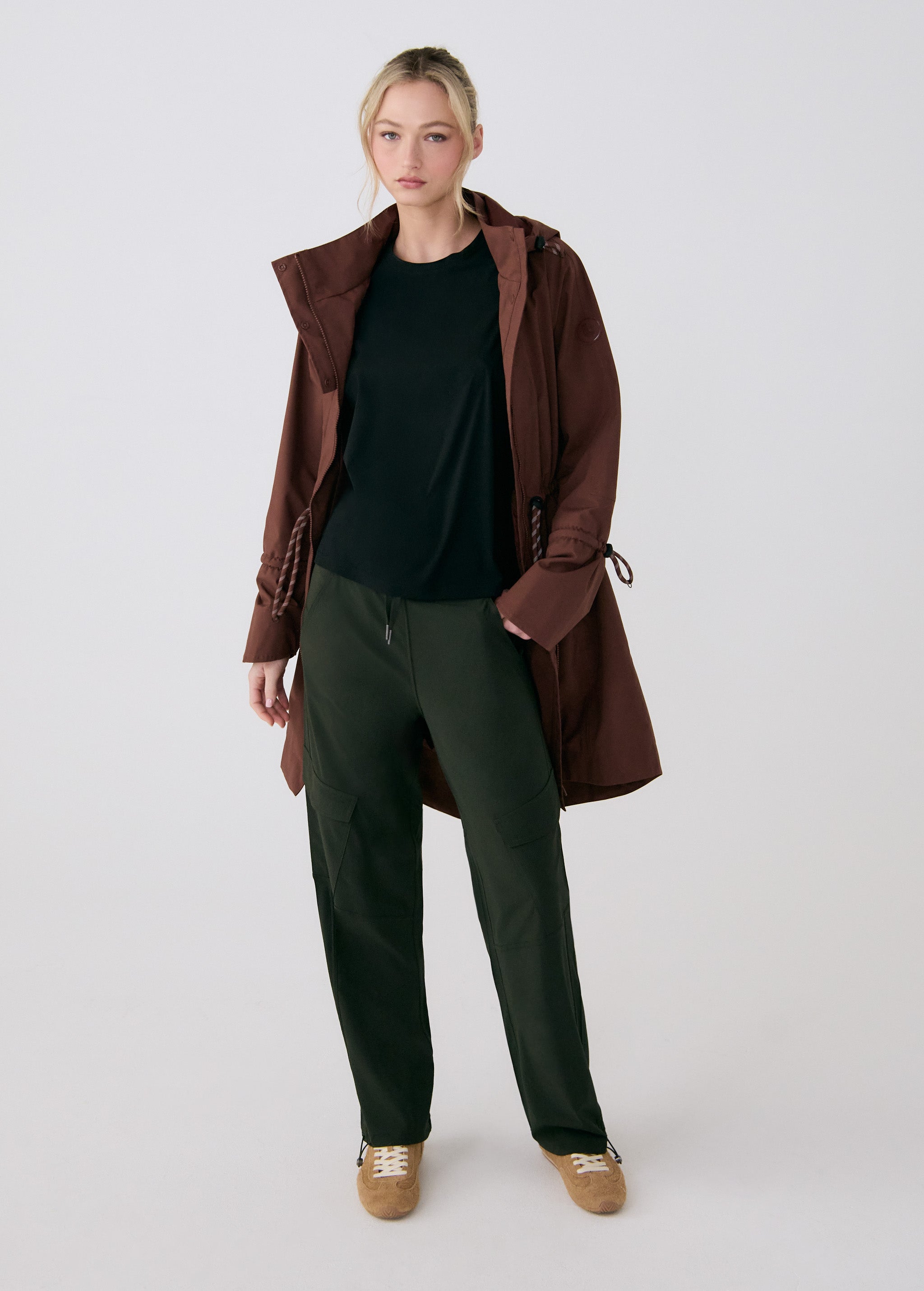 Lolë Piper Oversized Rain Jacket in Sienna brown — for a more streamlined fit, consider sizing down