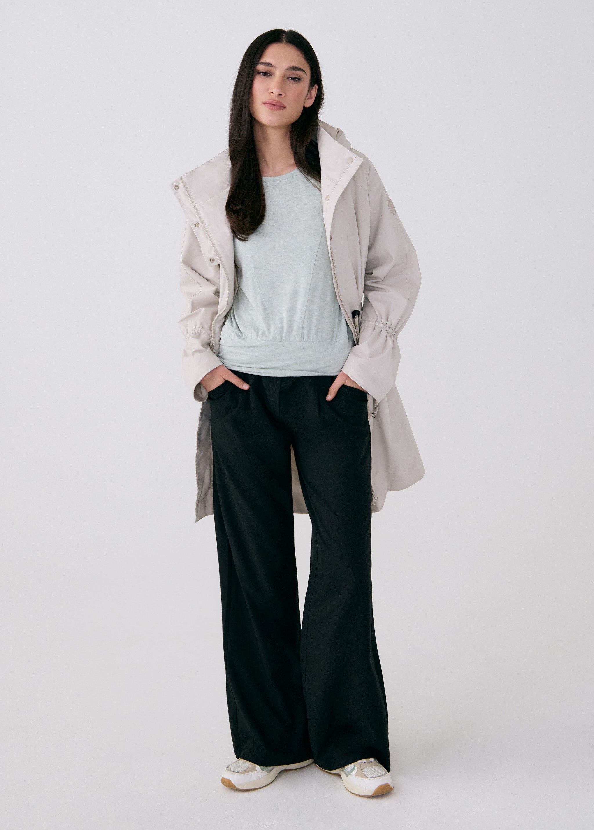 Lolë Piper Oversized Rain Jacket in Abalone pale greige — for a more streamlined fit, consider sizing down