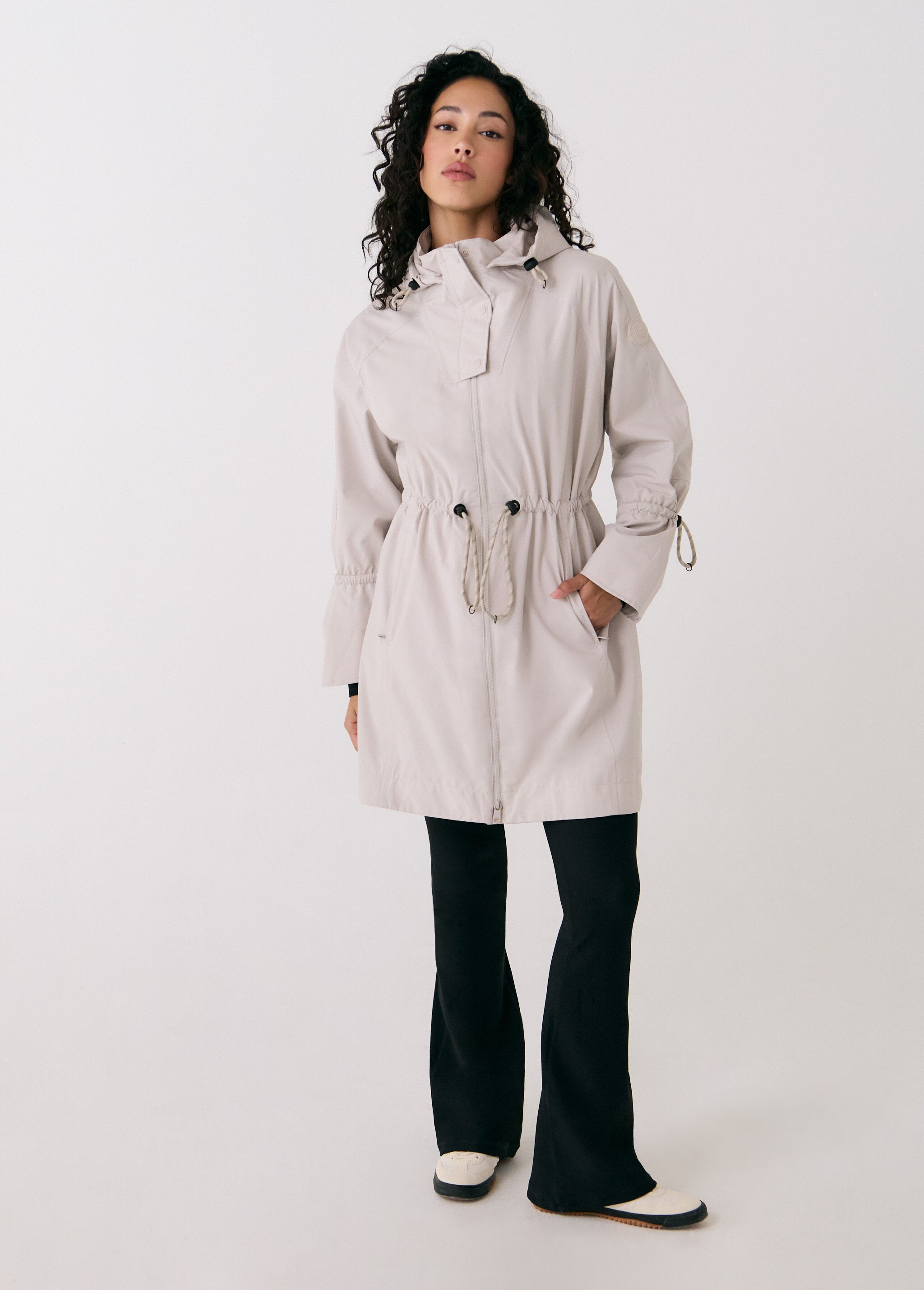 Lolë Piper Oversized Rain Jacket in Abalone pale greige — for a more streamlined fit, consider sizing down