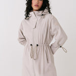Lolë Piper Oversized Rain Jacket in Abalone pale greige — for a more streamlined fit, consider sizing down
