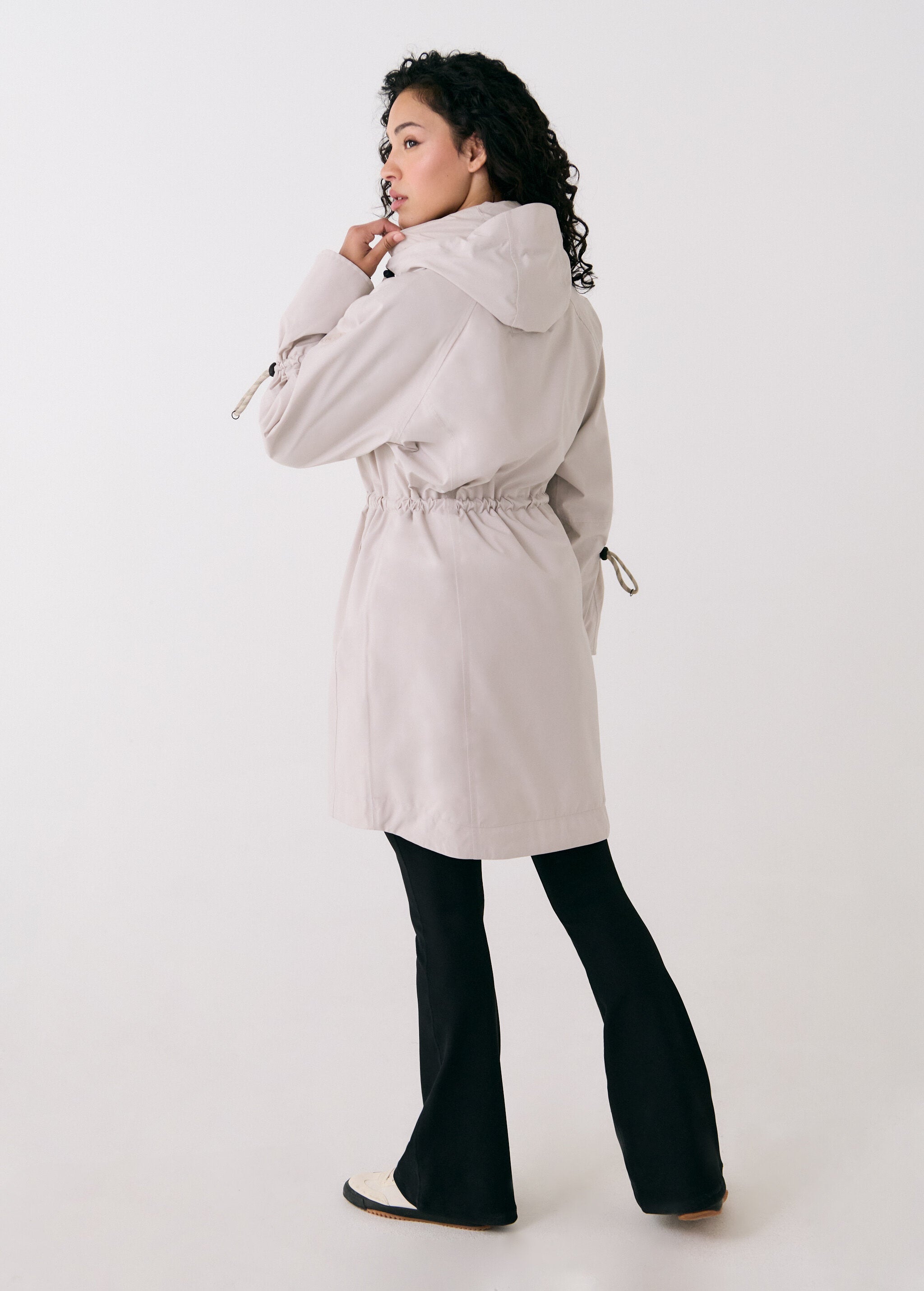 Lolë Piper Oversized Rain Jacket in Abalone pale greige — for a more streamlined fit, consider sizing down