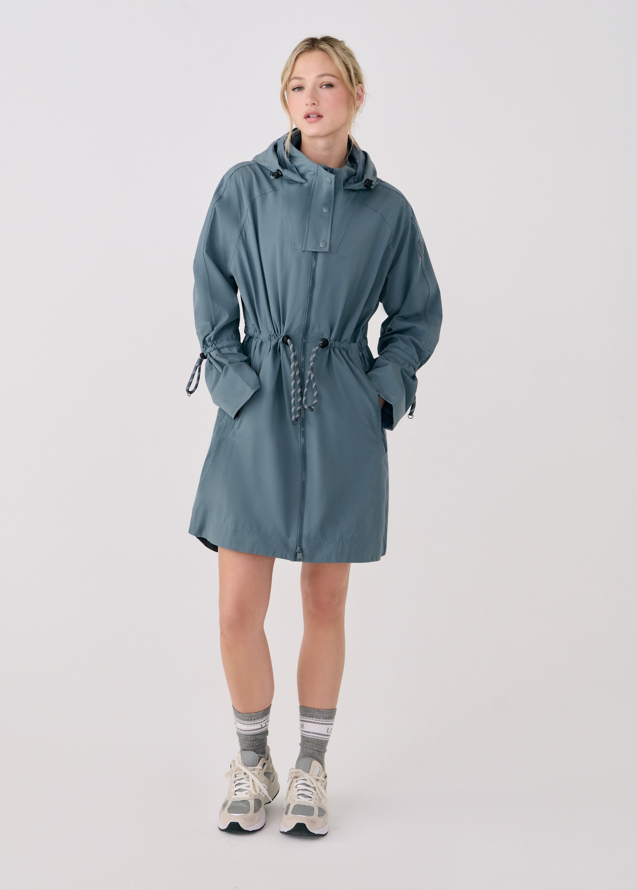Lolë Piper Oversized Rain Jacket in Ash slate blue — for a more streamlined fit, consider sizing down