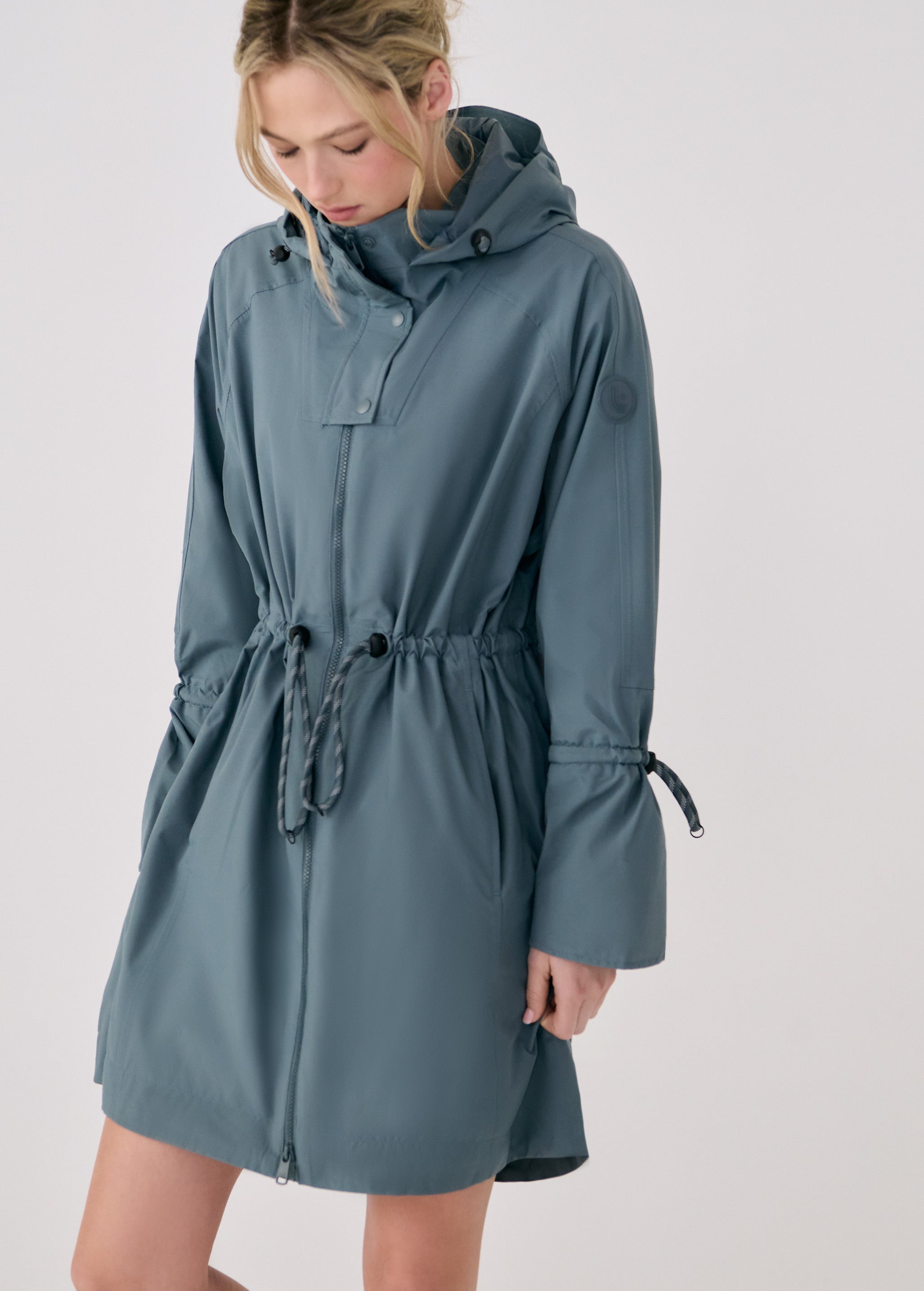 Lolë Piper Oversized Rain Jacket in Ash slate blue — for a more streamlined fit, consider sizing down