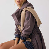 Lolë Piper Oversized Rain Jacket in Twilight mauve taupe — for a more streamlined fit, consider sizing down