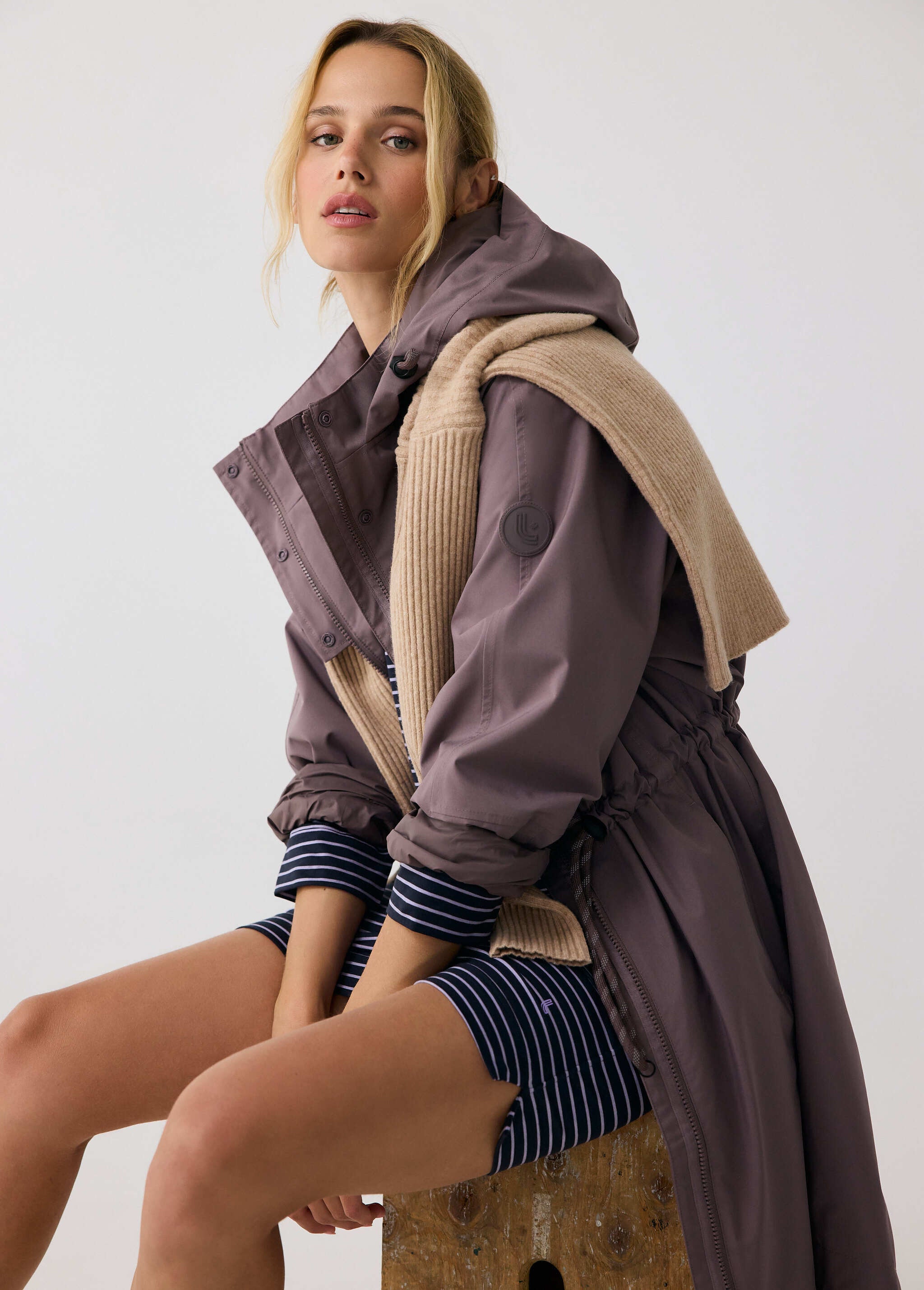 Lolë Piper Oversized Rain Jacket in Twilight mauve taupe — for a more streamlined fit, consider sizing down