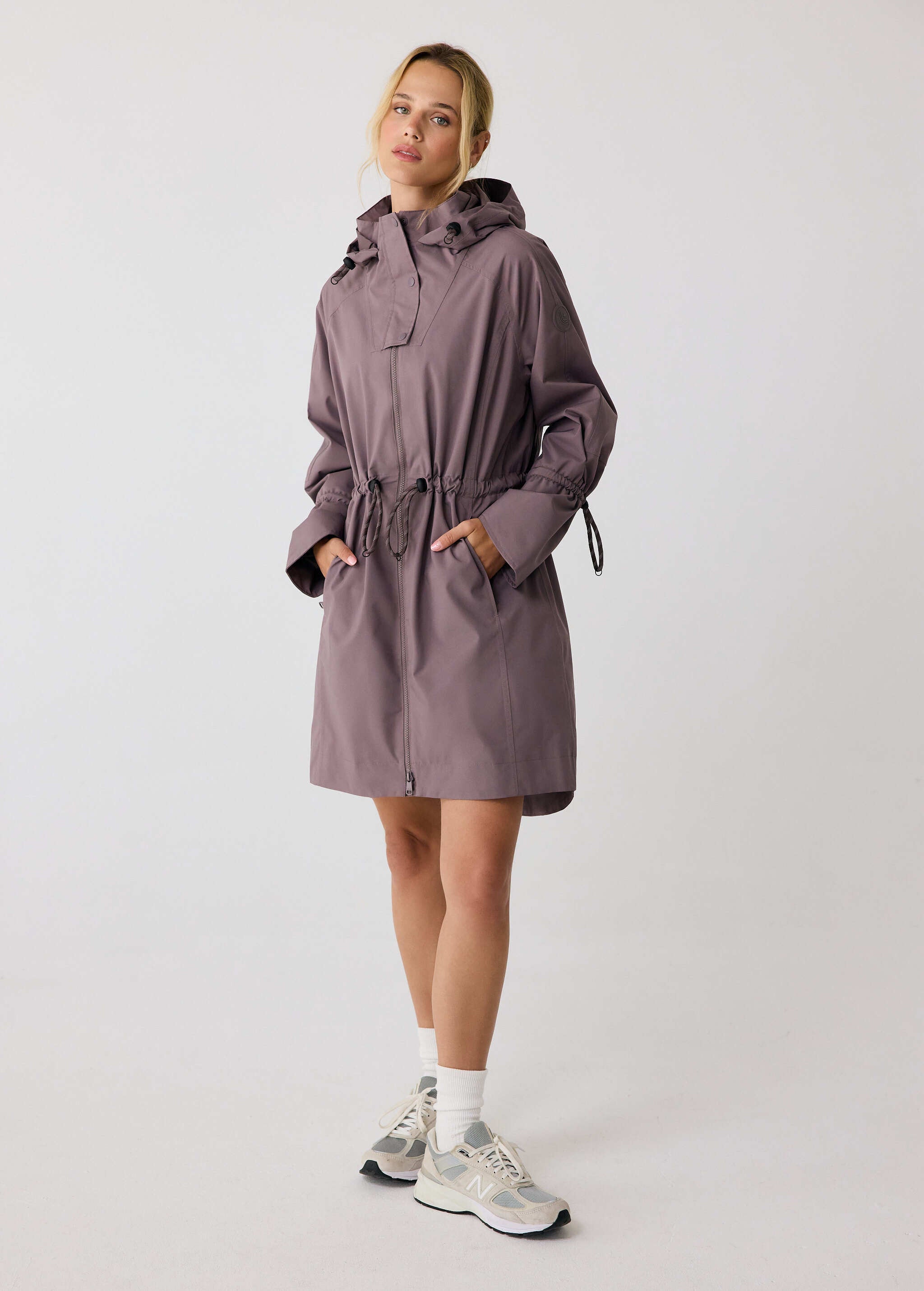 Lolë Piper Oversized Rain Jacket in Twilight mauve taupe — for a more streamlined fit, consider sizing down
