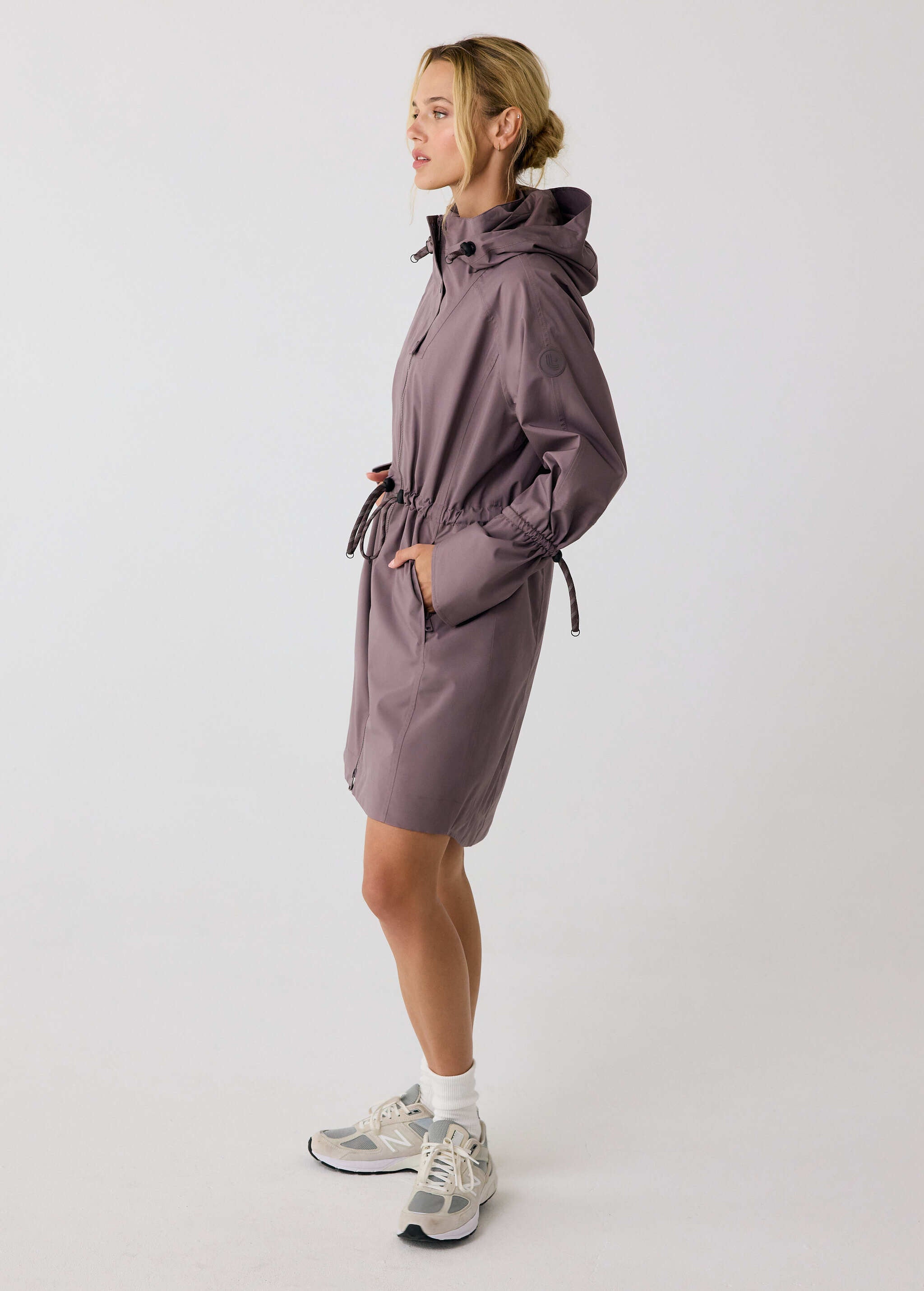 Lolë Piper Oversized Rain Jacket in Twilight mauve taupe — for a more streamlined fit, consider sizing down