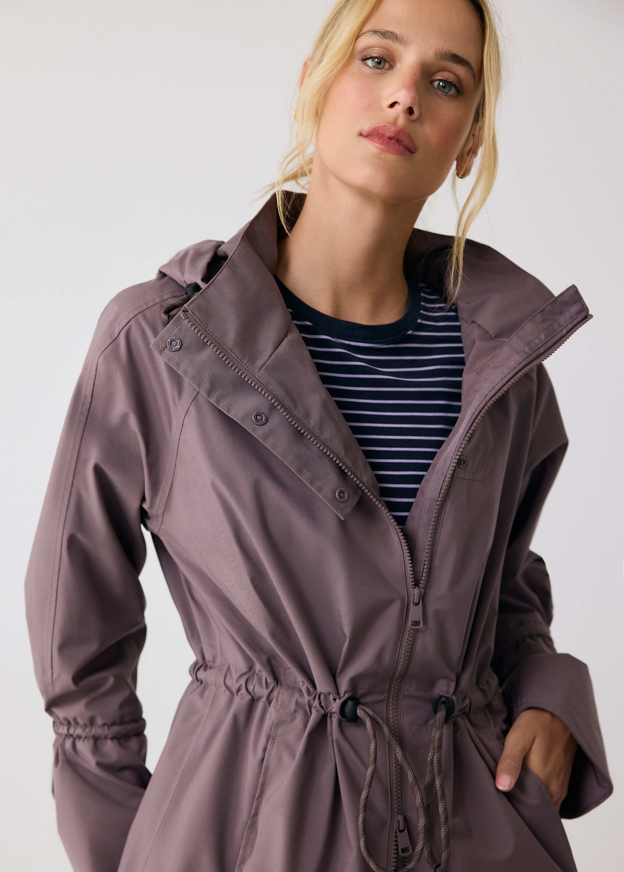 Lolë Piper Oversized Rain Jacket in Twilight mauve taupe — for a more streamlined fit, consider sizing down