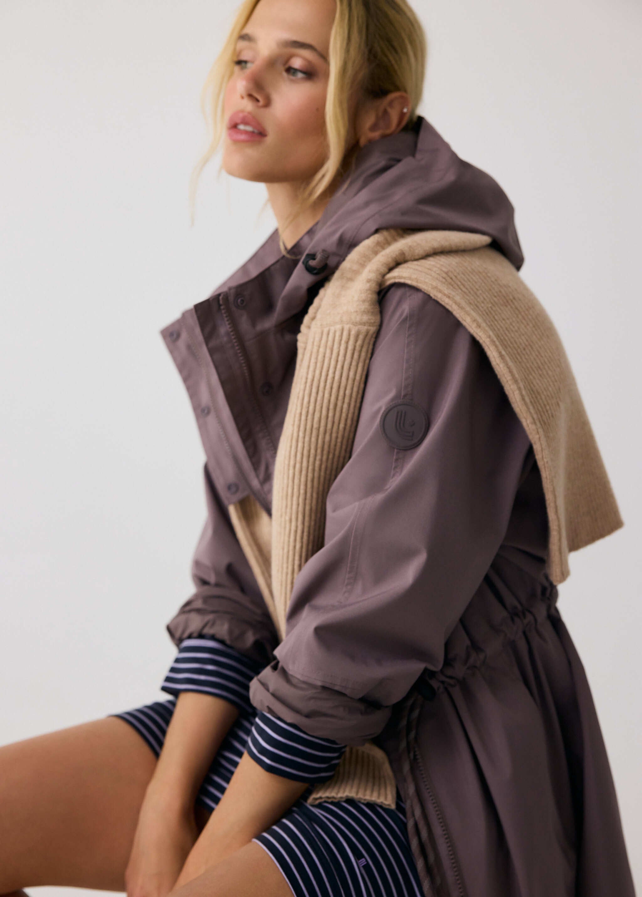 Lolë Piper Oversized Rain Jacket in Twilight mauve taupe — for a more streamlined fit, consider sizing down