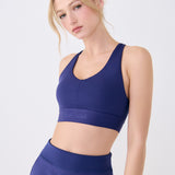 Lolë Power Sport Bra in Dusk navy — a thick branded strap and hook-and-eye closure serve maximum support