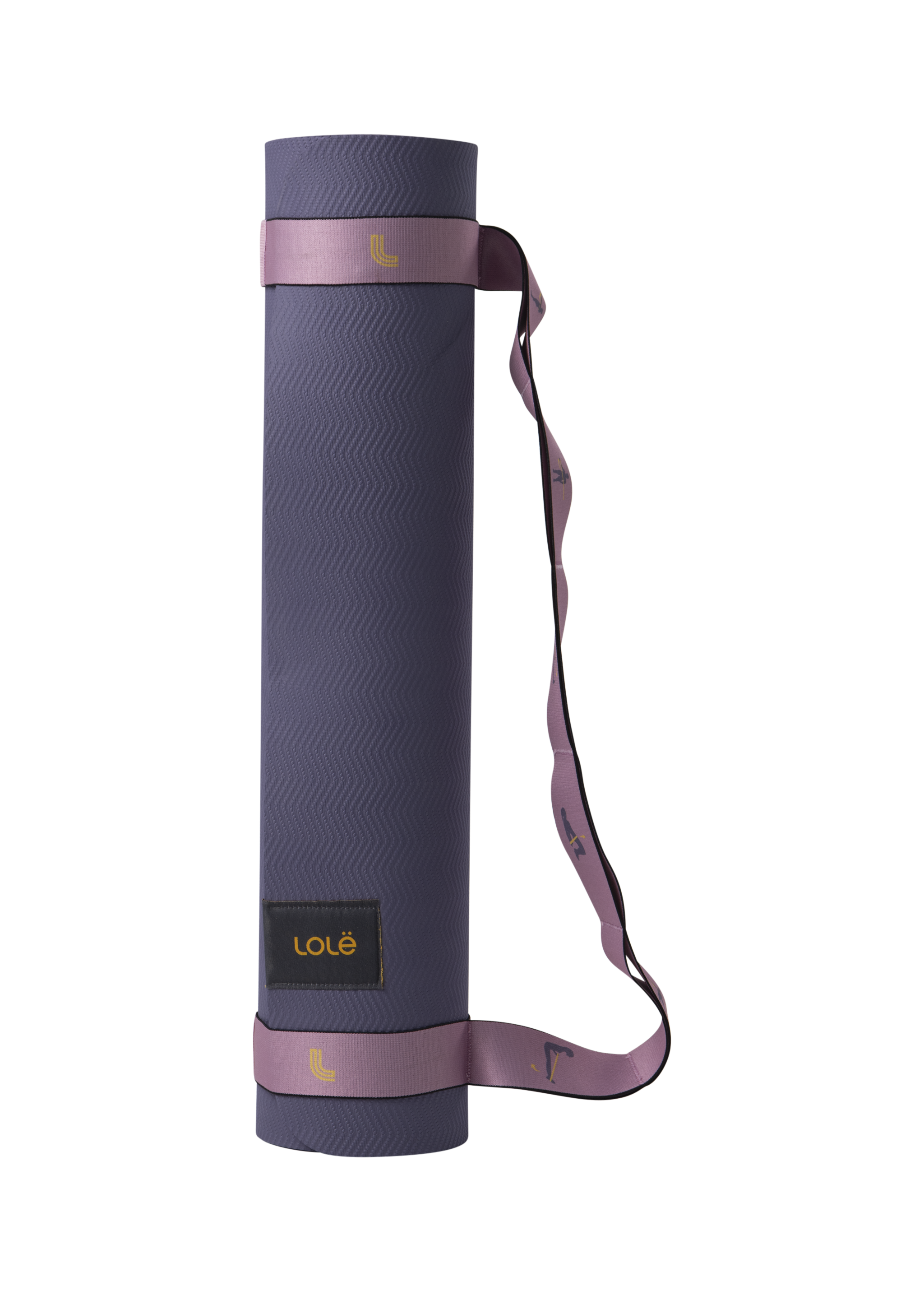 Lolë Pose yoga mat in navy, rolled upright showing the navy outer side with the mauve-pink carry strap