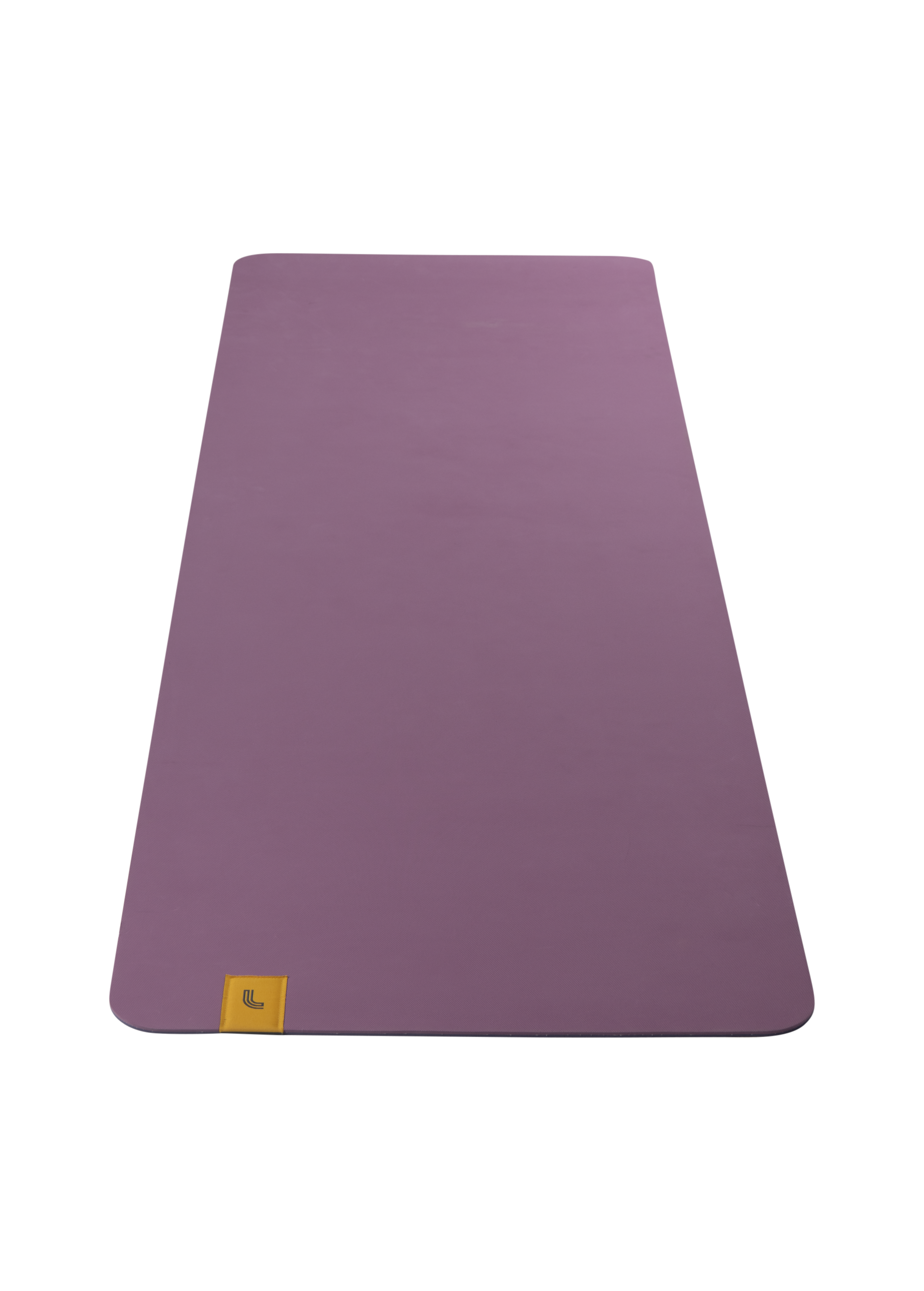 Lolë Pose yoga mat in orchid purple, unrolled flat showing the smooth orchid-purple top and small logo tab