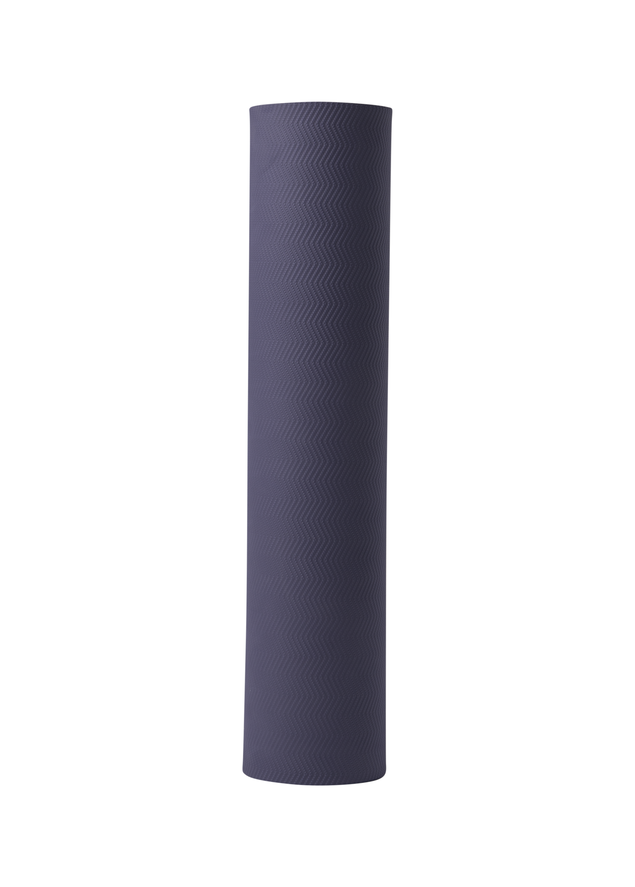 Lolë Pose yoga mat in navy, rolled and standing upright showing the herringbone-textured navy outer surface